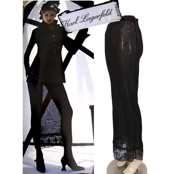 Vintage KARL LAGERFELD Black Mesh Bodycon Maxi Skirt w/Lace Trim 1992 A/W Runway - Picture 12 of 12